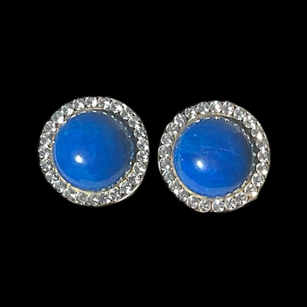 Vintage Lapis and Rhinestone Gemstone Clip on Earrings